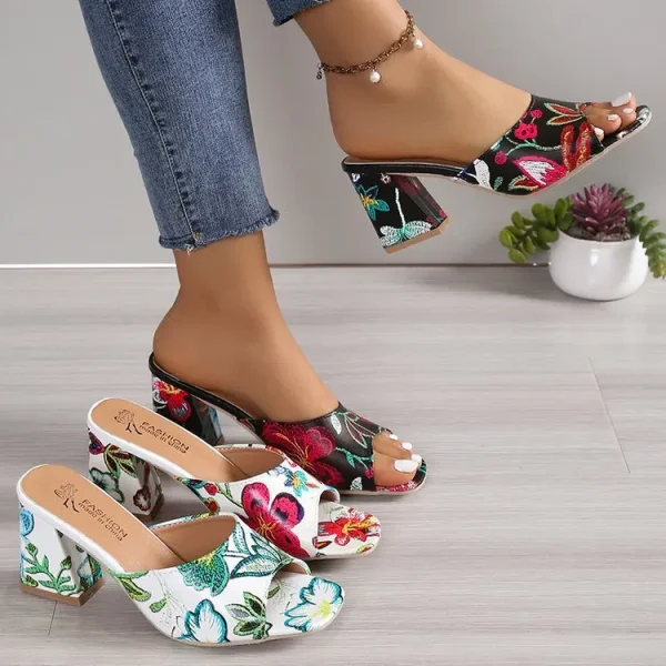 2025 Women's Roman Style Printed High-Heeled Slippers Fashionable Coarse Heel Summer Winter Beach Sandals - Image 2