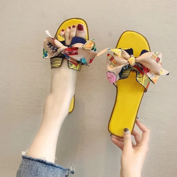 2025 Bowknot Print Upper Sandals Rubber Sole Southeast Asian Style Outdoor Women Slippers Ladies Flats Shoes - Image 3