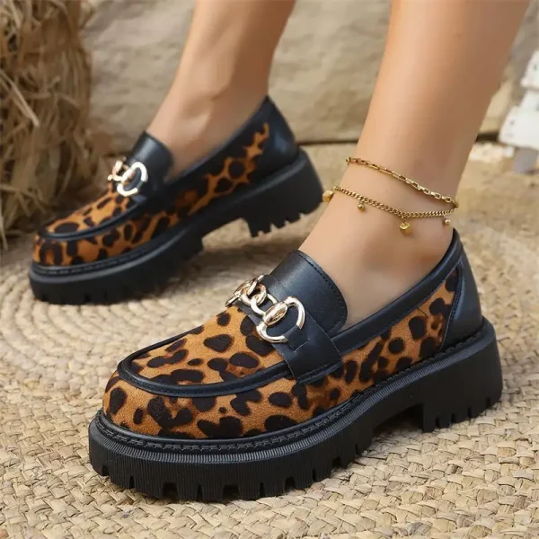 2025 New Women's Black Chain Decoration Loafer Shoes Girl Platform Slip on Leopard Dress Casual Penny Shoes - Image 6