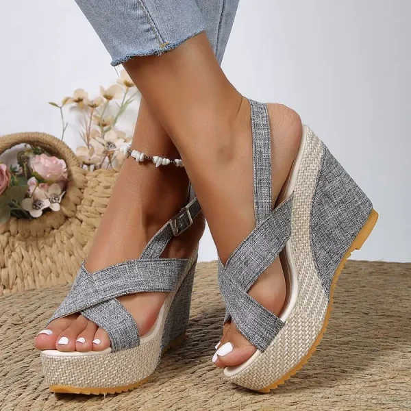 2025 Summer Women's Wedge High Heel Sandals Round Toe Black Cloth Material Platform Open Sandals - Image 4