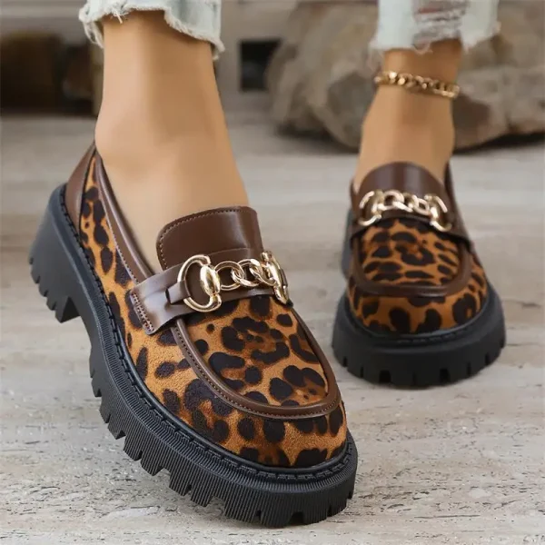 2025 New Women's Black Chain Decoration Loafer Shoes Girl Platform Slip on Leopard Dress Casual Penny Shoes - Image 3