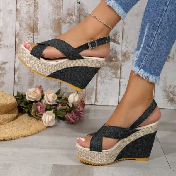 2025 Summer Women's Wedge High Heel Sandals Round Toe Black Cloth Material Platform Open Sandals - Image 6