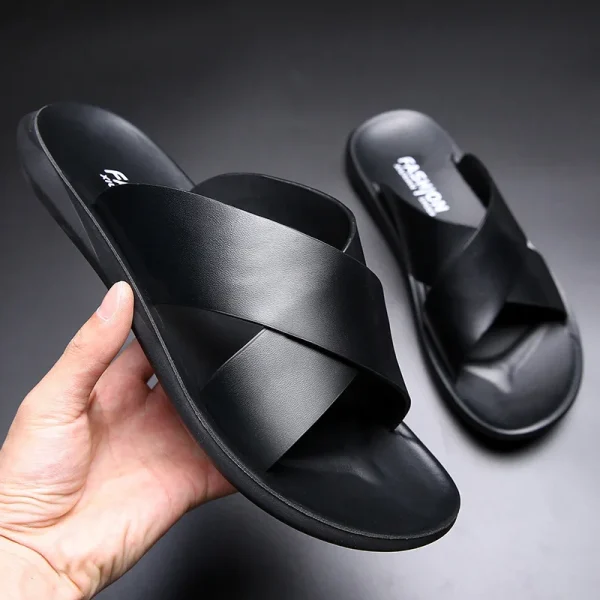 Man Black Suede Sandal Shoes Mens Beach Fashion Casual Outdoor Leather Slides Slipper - Image 3