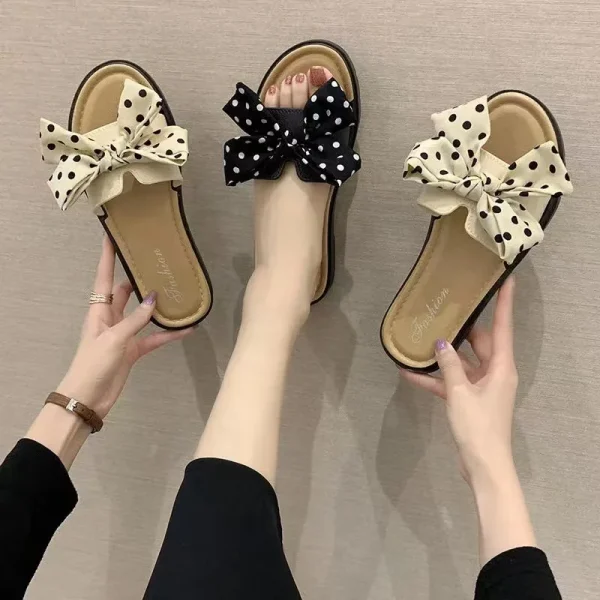 Summer 2025 the New Bow slippers Were Worn with Korean Flower Sandals and Women's Flat Shoes