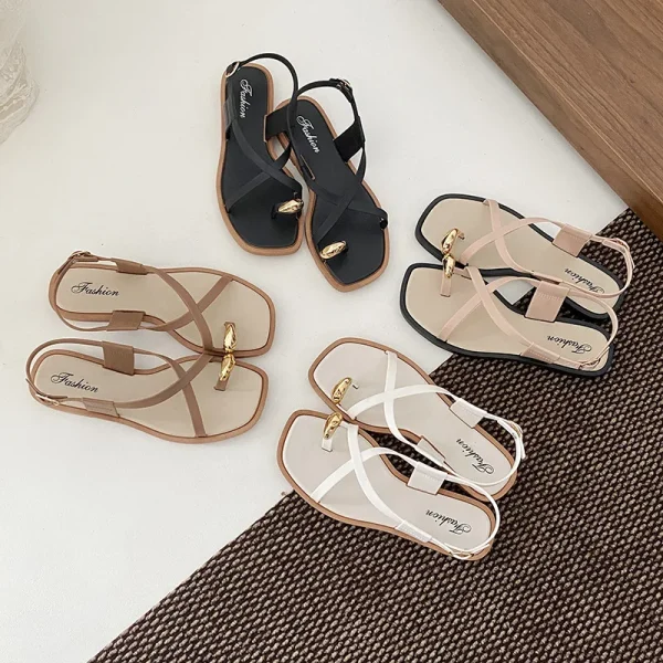 2025 Women's Summer New Square Toe Flats Sandals Casual Beach Shoes