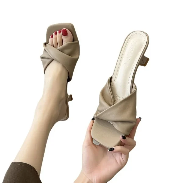 2025 Summer Women's Outer Wear Half Slippers New Style Simple High Heel Slide Sandals Slip-on Cat Heel High Heel - Image 5