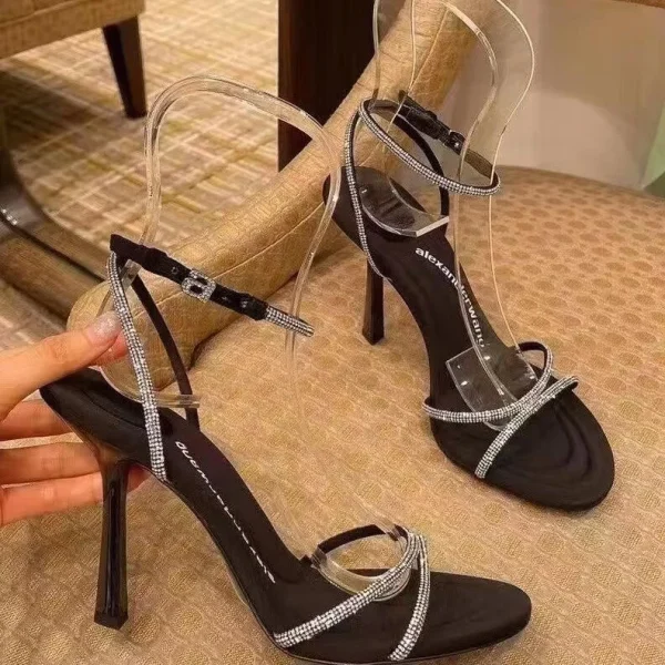 2025 New Open Toe Rhinestone Letter One Word Buckle Hollow Sandals Sweet Fairy Style Women's High Heels - Image 3