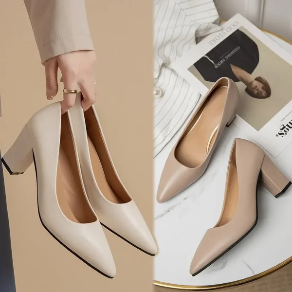 2025 Autumn New Work Simple Fashion High Heels Pointed Toe Thick Heel Shallow Mouth Ladies Shoes - Image 4