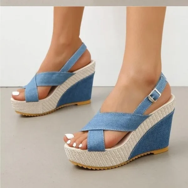 2025 Summer Women's Wedge High Heel Sandals Round Toe Black Cloth Material Platform Open Sandals - Image 2