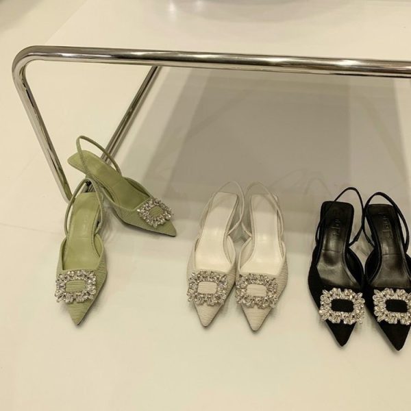 Women's Pointed Toe Heels Crystal Buckle Heeled Shoes Fashion Rhinestone Slingbacks Short Heel Sandals for Ladies Pumps