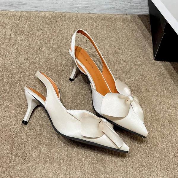 2025 New Silk Flower Design Solid Color Bow Tip Side Empty Simplicity Elegant Temperament Fine Heeled Sandals - Image 5