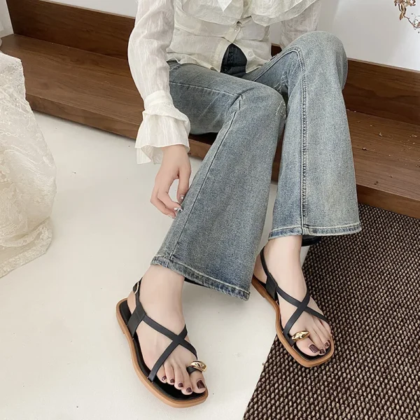 2025 Women's Summer New Square Toe Flats Sandals Casual Beach Shoes - Image 3