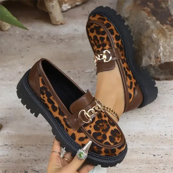 2025 New Women's Black Chain Decoration Loafer Shoes Girl Platform Slip on Leopard Dress Casual Penny Shoes - Image 5