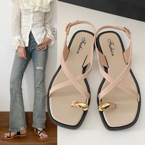 2025 Women's Summer New Square Toe Flats Sandals Casual Beach Shoes - Image 4