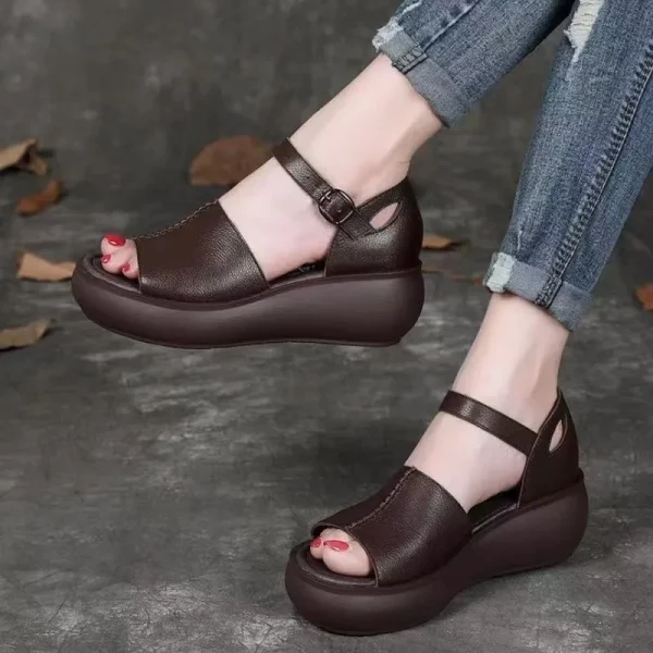 2025 Women's Sandals with Soft Leather and a New Style of High Rise Fish Mouth Sponge Cake Sole High Heeled Sandals - Image 4