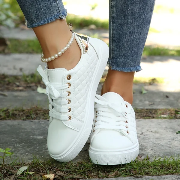 2025 Women's Large Casual Small White Shoes Comfortable Casual Flat Plaid Lace-up Women's Casual Shoes - Image 3