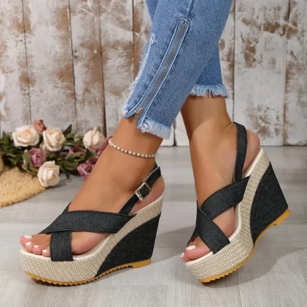 2025 Summer Women's Wedge High Heel Sandals Round Toe Black Cloth Material Platform Open Sandals