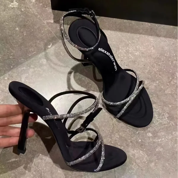 2025 New Open Toe Rhinestone Letter One Word Buckle Hollow Sandals Sweet Fairy Style Women's High Heels - Image 5