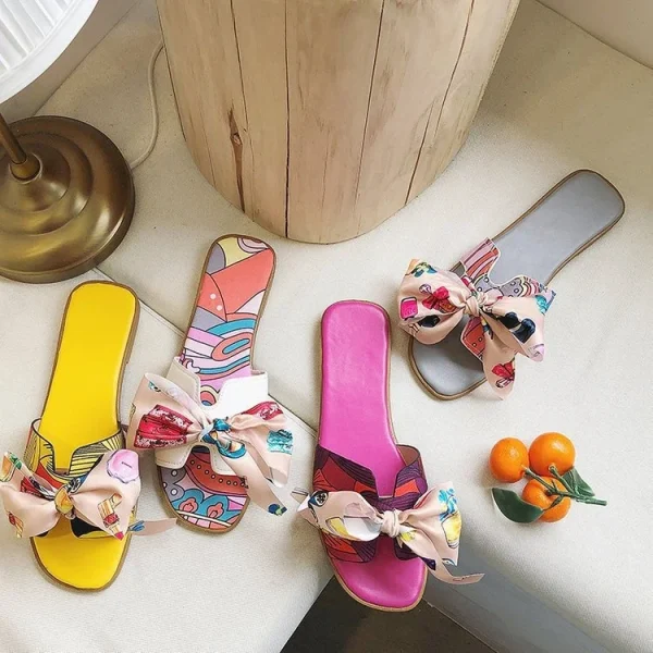 2025 Bowknot Print Upper Sandals Rubber Sole Southeast Asian Style Outdoor Women Slippers Ladies Flats Shoes - Image 2