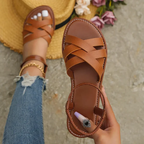 2025 Summer New Flat Solid Roman Sandals Non Slip Rubber Soles Women's Shoes - Image 2