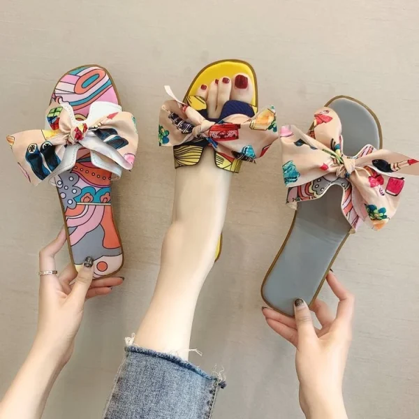 2025 Bowknot Print Upper Sandals Rubber Sole Southeast Asian Style Outdoor Women Slippers Ladies Flats Shoes