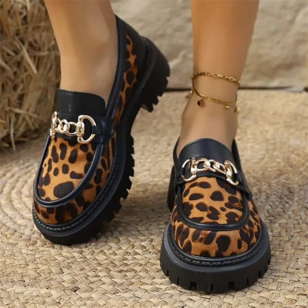 2025 New Women's Black Chain Decoration Loafer Shoes Girl Platform Slip on Leopard Dress Casual Penny Shoes - Image 2