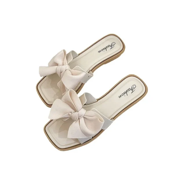 2025 New Bow Summer Wearing Net Red New Fashion Home Flat Bottom Non -slip fairy Style Female Cold slippers - Image 5
