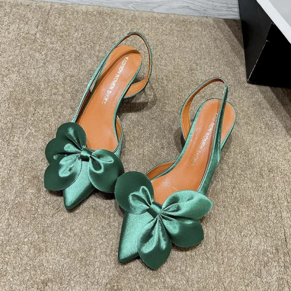 2025 New Silk Flower Design Solid Color Bow Tip Side Empty Simplicity Elegant Temperament Fine Heeled Sandals - Image 4