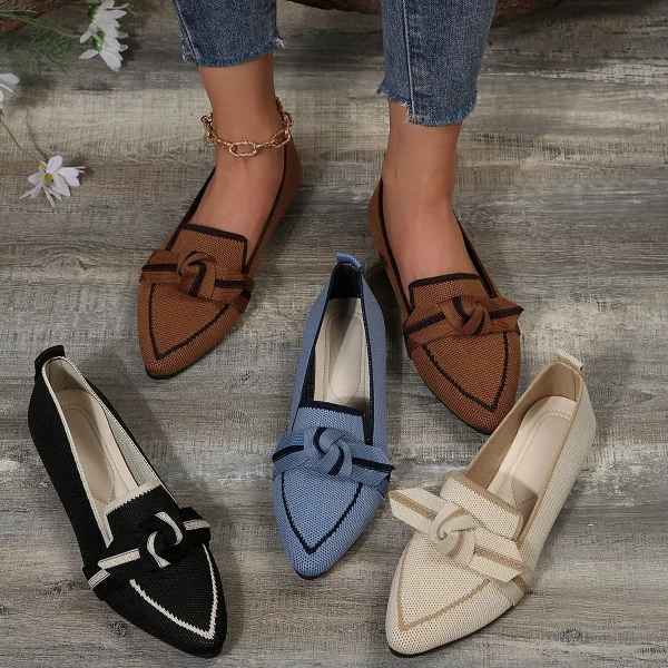 2025 Women's Slimming Pointed Plus-Size Flat Shoes Flying Woven Pedal Bow Casual Look Slip-On Breathable Color-Matching Summer