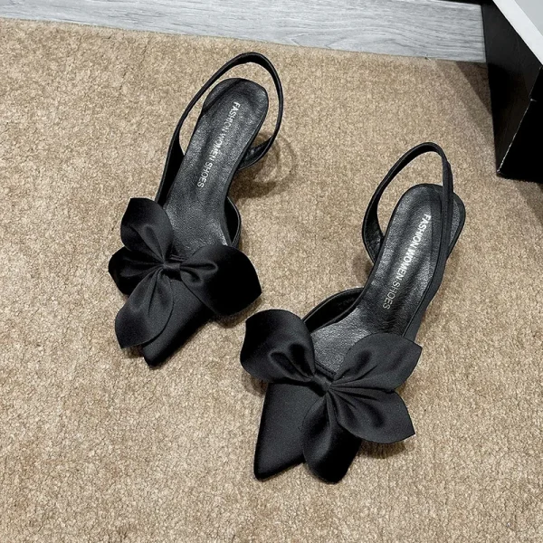 2025 New Silk Flower Design Solid Color Bow Tip Side Empty Simplicity Elegant Temperament Fine Heeled Sandals - Image 2
