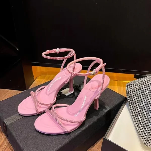 2025 New Open Toe Rhinestone Letter One Word Buckle Hollow Sandals Sweet Fairy Style Women's High Heels