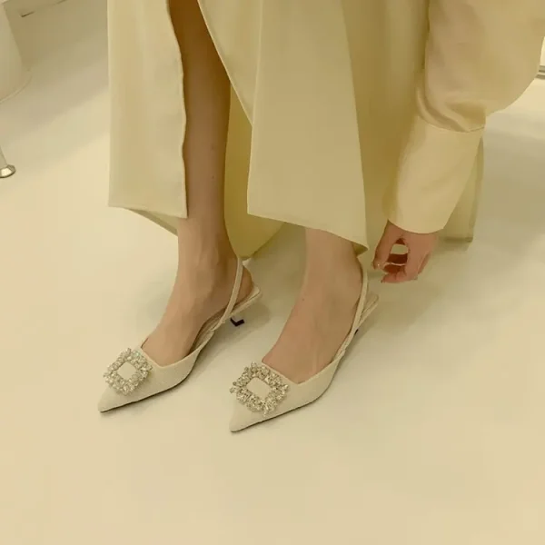 Women's Pointed Toe Heels Crystal Buckle Heeled Shoes Fashion Rhinestone Slingbacks Short Heel Sandals for Ladies Pumps - Image 2