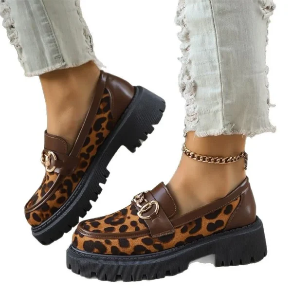 2025 New Women's Black Chain Decoration Loafer Shoes Girl Platform Slip on Leopard Dress Casual Penny Shoes